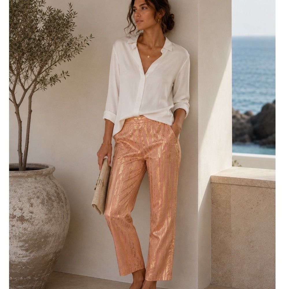 Julie Brown NYC Wide‎ Leg Pants Womens 2 Pink Gold Metallic Striped Retail $248